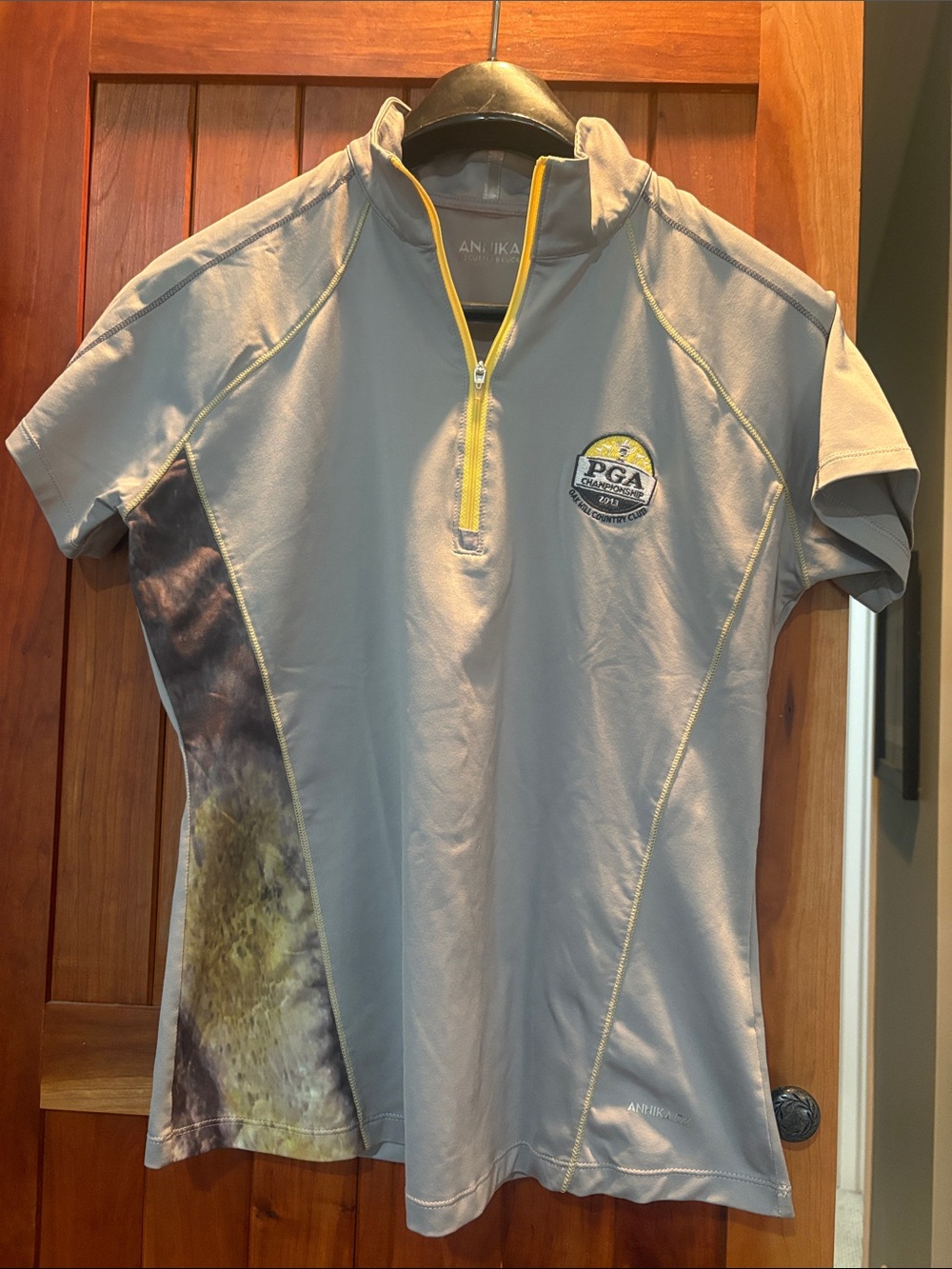 Annika by Cutter & Buck Gray Short-Sleeve Golf Polo with Yellow Zip and print